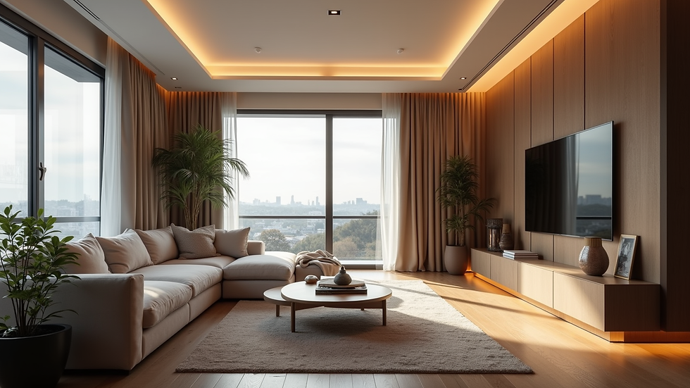 Eye-level view of a modern living room with smart lighting
