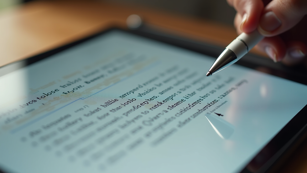 Close-up view of a digital tablet displaying text with proofreading marks