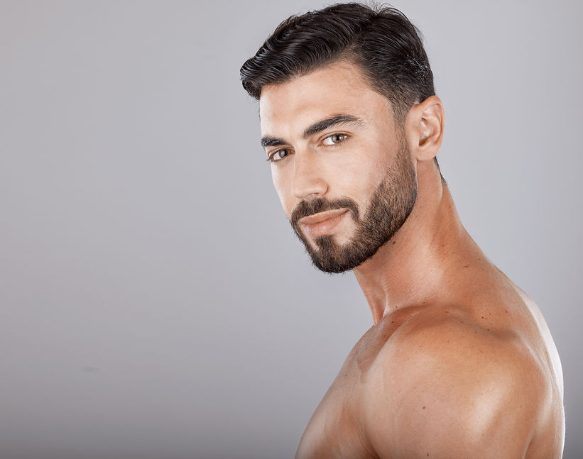 Man, studio portrait and skincare with beauty, cosmetics and wellness by studio backdrop w