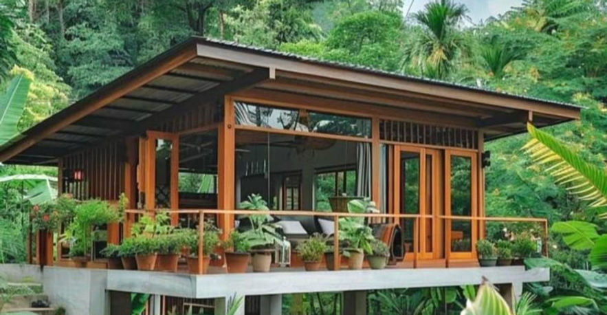 Exemple de maison en bois ouverte sur la jungle, style des futures habitations d’Arbol Ess