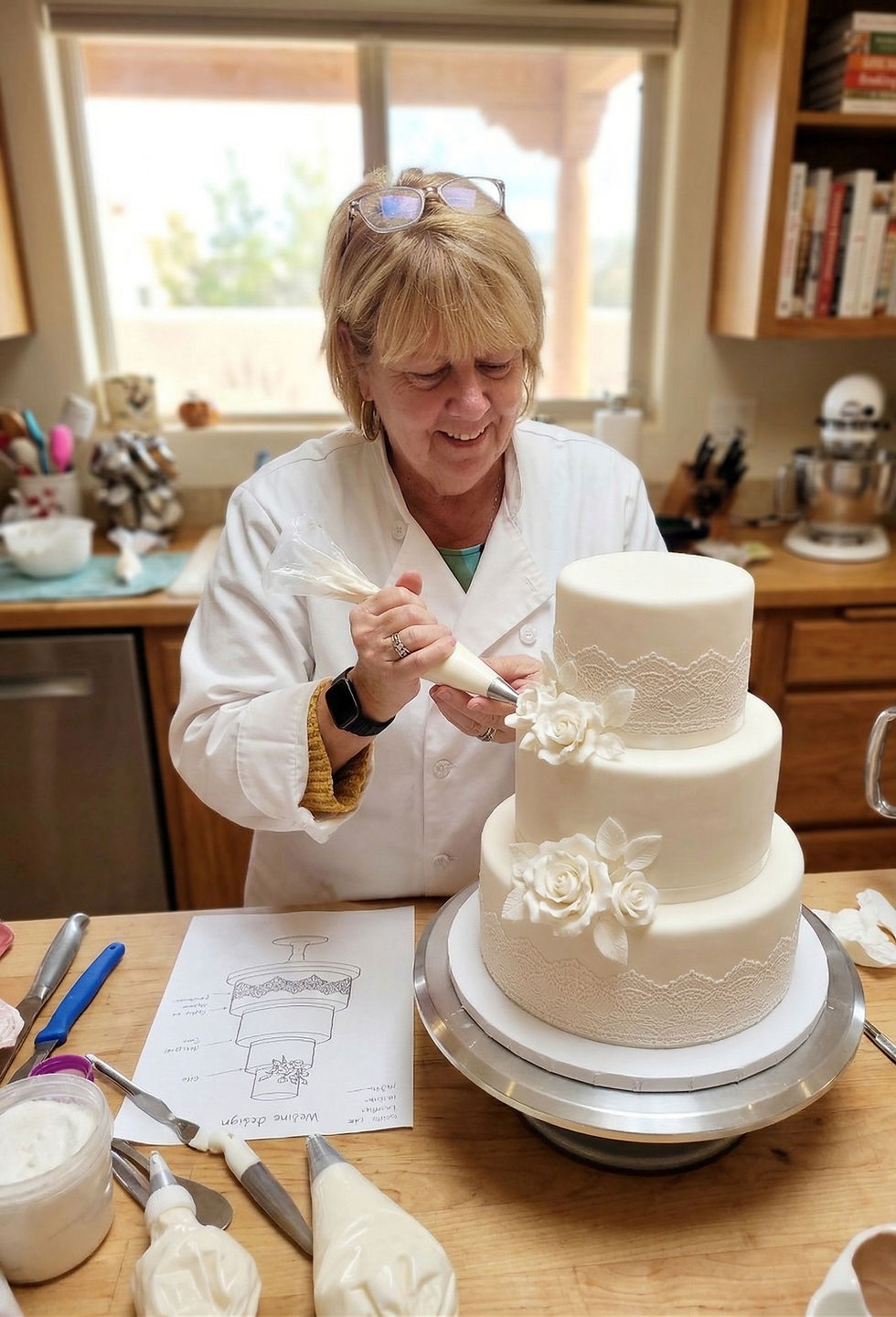 Woman decorates three-tiered dessert cake.