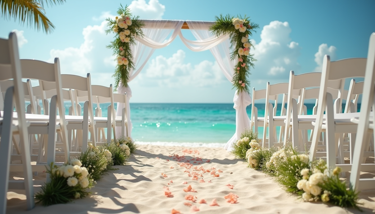 Eye-level view of a tropical beach wedding setup with white chairs and floral decorations