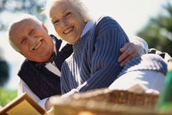 Happy elderly couple embracing at a picnic
