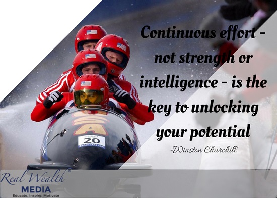 Bobsled team with Churchill's quote: Continuous effort unlocks potential.