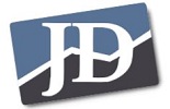 JD logo with a slanted blue and black background.