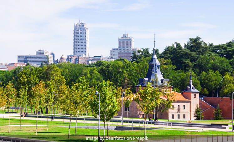 Austin skyline overview with park trees and historic building
