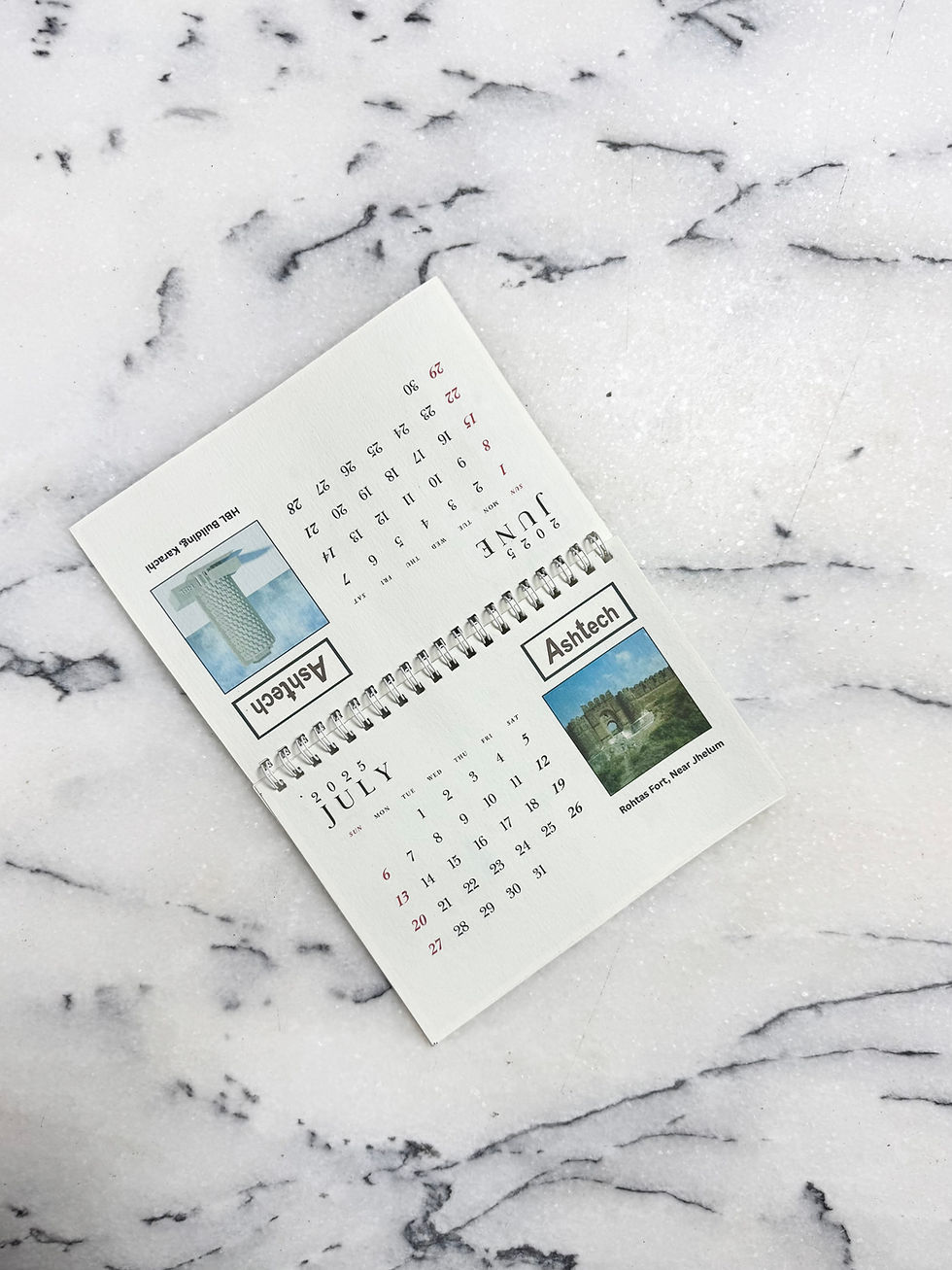 Thumbnail: July and August calendar recycled handmade pages with scenic photos in Pakistan