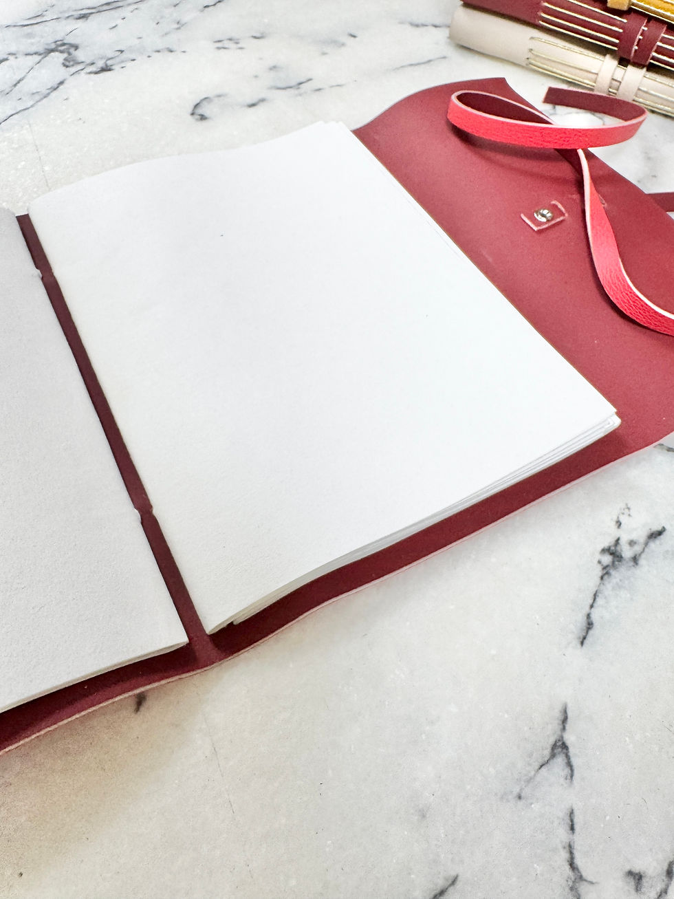 Thumbnail: Burgundy leather journal open, blank pages