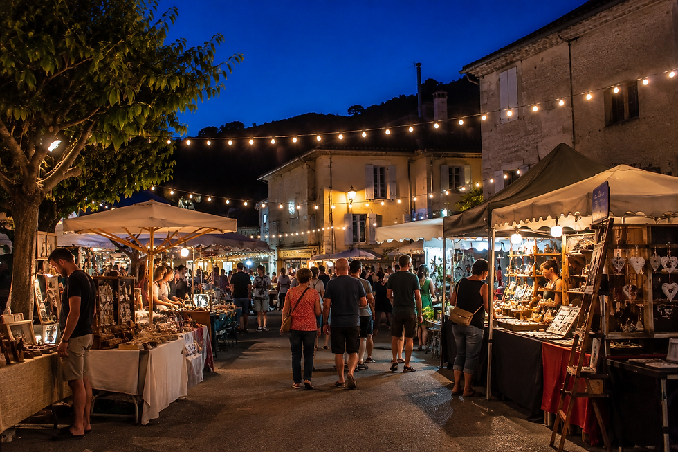 Marché de nuit avec stands d’artisans et visiteurs dans un village