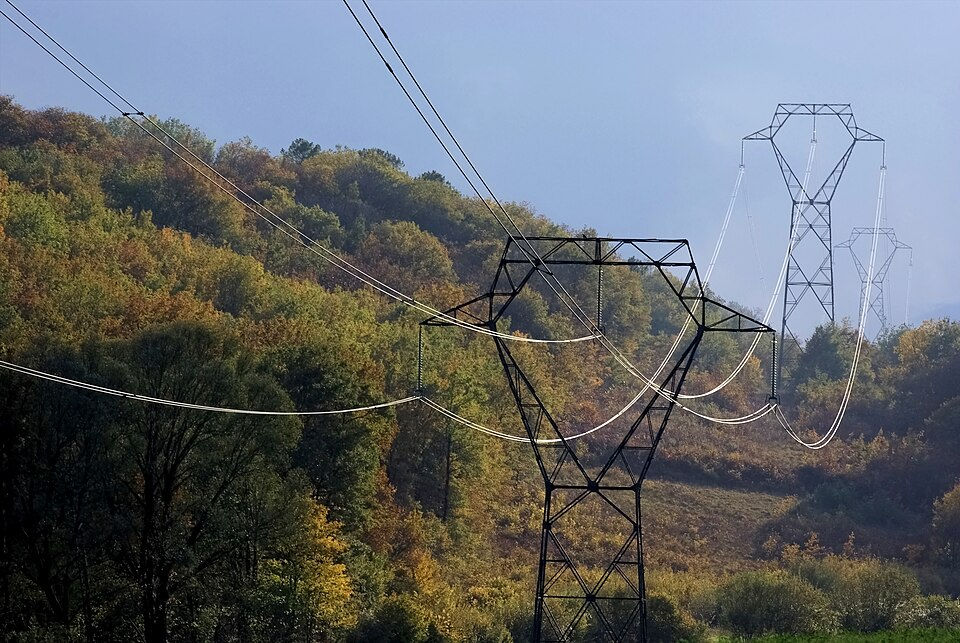 Ligne électrique traversant une zone boisée, illustration des travaux de débroussaillement menés par Enedis