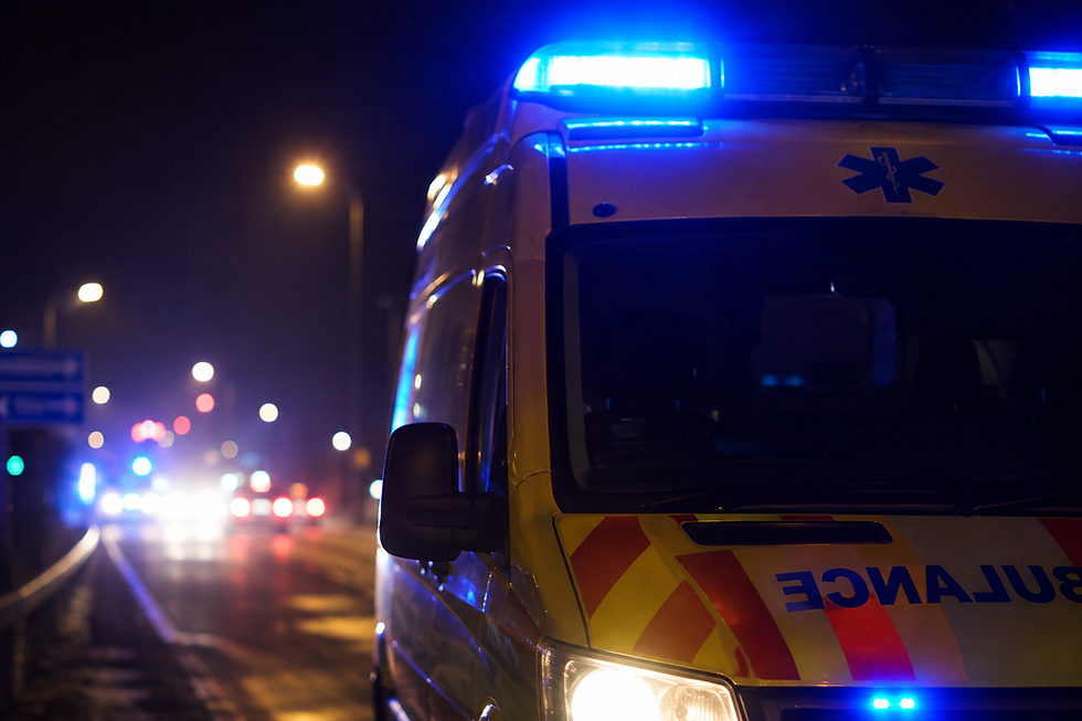 Gyrophares d'une ambulance lors d'une intervention après un grave accident près de l'A64 dans le Comminges.