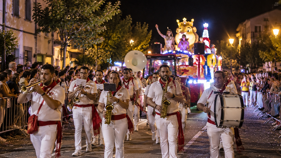 Illustration d’une cavalcade nocturne avec bandas, chars et public