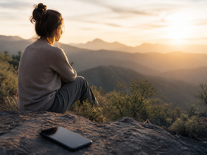 Personne admirant un paysage de montagne avec un téléphone posé au premier plan, symbole de déconnexion numérique.