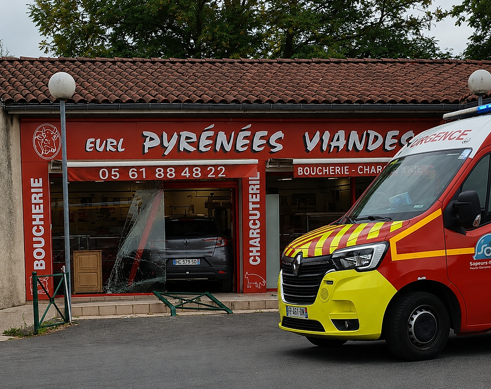 Une voiture a percuté la devanture de la boucherie Bruno Pyrénées Viandes à Saint-Gaudens, sous l'intervention des sapeurs-pompiers.