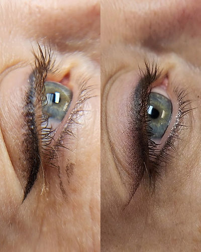 Permanent eyeliner tattoo predrawing with makeup and after result showing crisp upper lash line enhancement with shaded wing at North Florida Microblading in Jacksonville, FL.