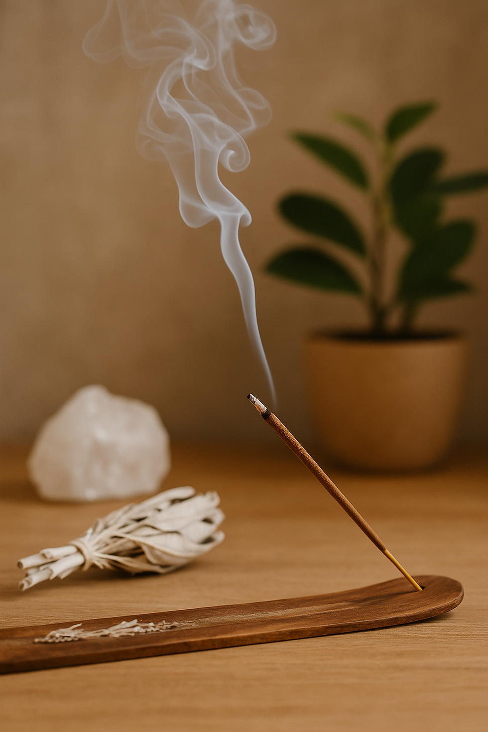 Incenso aceso liberando fumaça suave em espiral, apoiado em um suporte de madeira, com um maço de sálvia branca, um cristal e uma planta desfocada ao fundo, compondo um ambiente de purificação e serenidade.