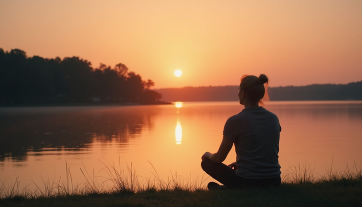 Eye-level view of a solitary person sitting quietly by a calm lake at sunset
