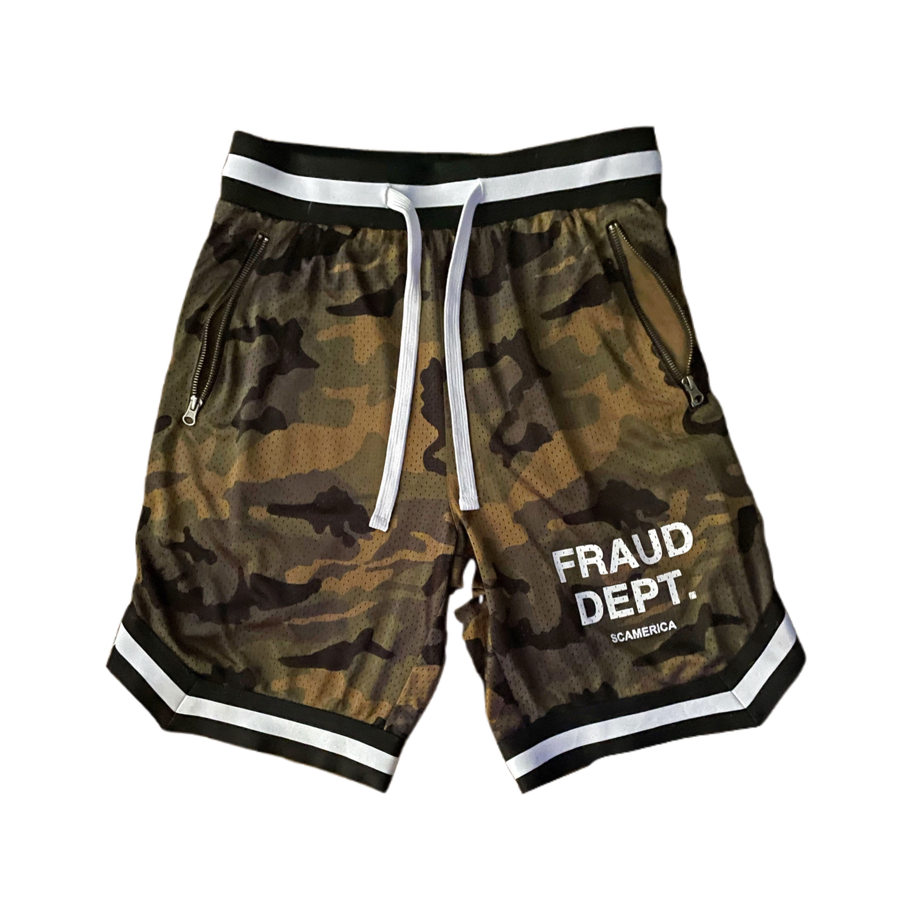 Fraud dept. camo basketball shorts