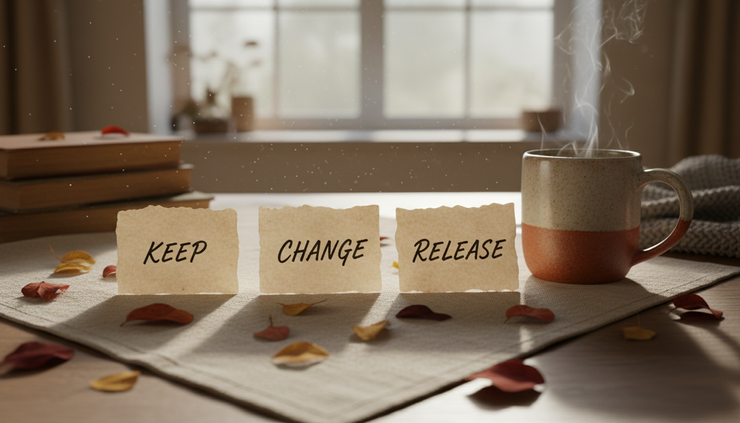 Eye-level view of three handwritten cards labelled Keep Change and Release.