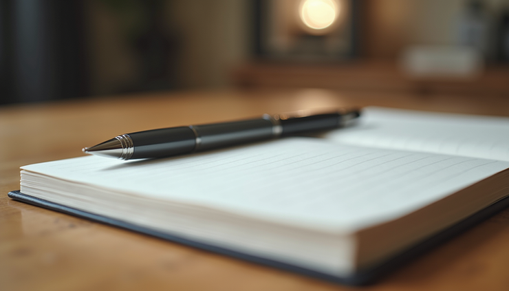 Eye-level view of a journal and pen resting on a wooden table, symbolizing self-reflection and commitment