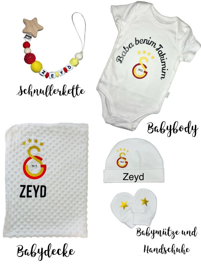 Miniaturbild: Galatasaray Set Babybody, Babydecke, Babyhandschuhe, Babymütze und Schnullerkett