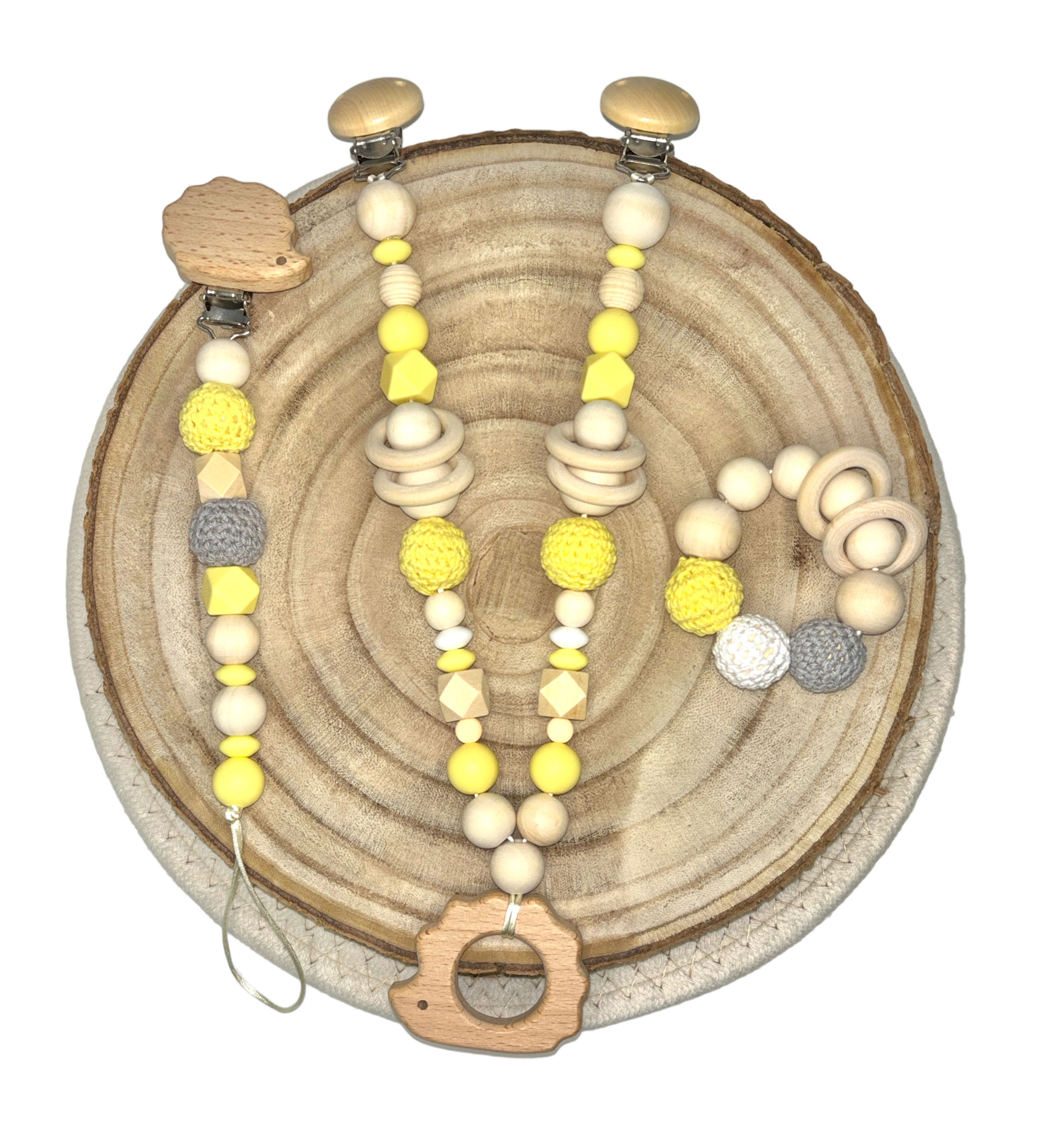 Kinderwagen Set, Schnuller Set, Greifkette Set Gelb