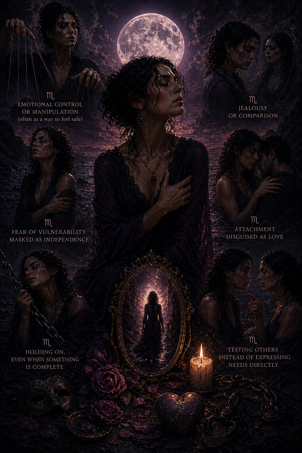 A woman in dark attire beneath a full moon in Scorpio, surrounded by mystical elements and text on emotional themes. A candle and mirror are present.