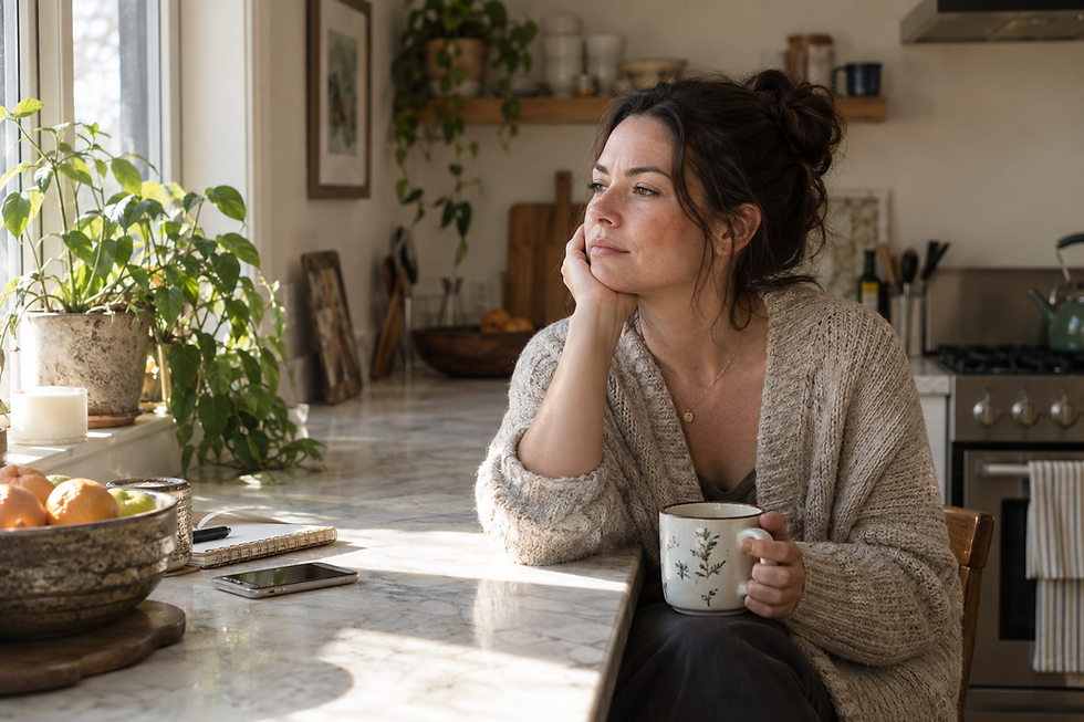 Woman sitting at a kitchen counter after a phone call, hands around a mug of tea, looking quietly into the distance