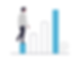 An illustration of a man climbing a bar graph with the shortest and tallest bars highlighted in blue
