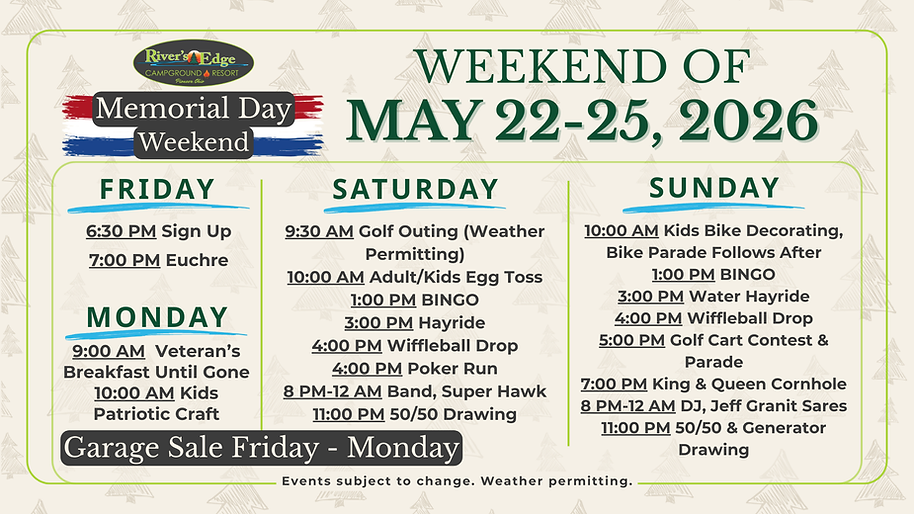 Memorial Day Weekend events at River’s Edge Campground & Resort, May 22-25, 2026