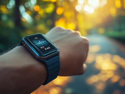 Smartwatch on wrist displaying heart rate and time, set against a sunlit pathway with blurred golden and green hues, evoking a calm mood.