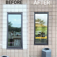 Before and after window cleaning with visible text: BEFORE and AFTER.
