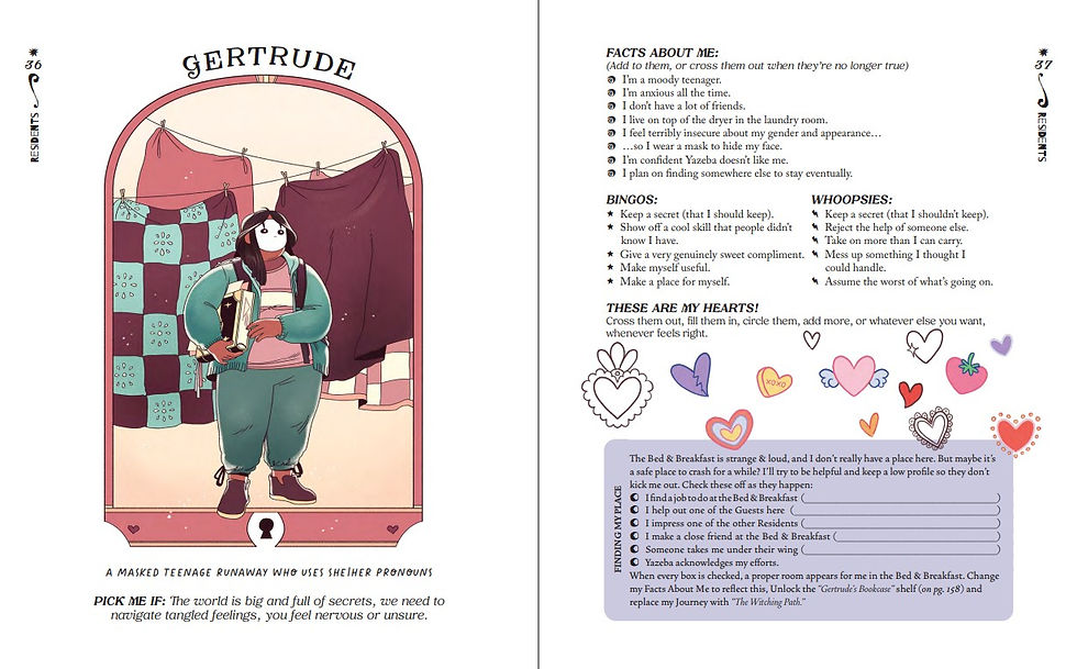 A pre-generated character sheet for Gertrude, from Yazeba's Bed and Breakfast