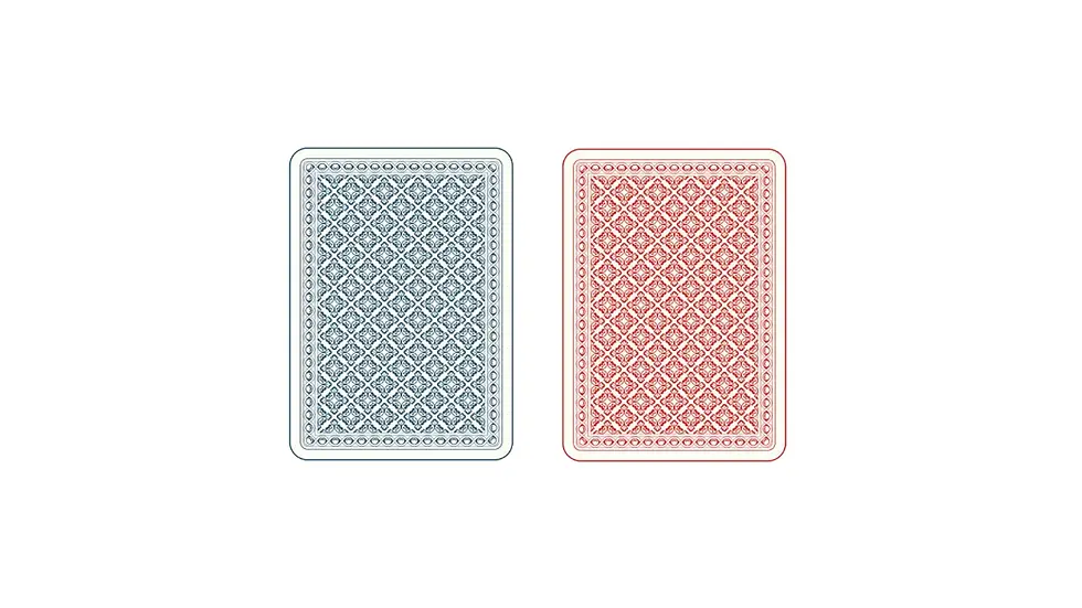 Two decks of cards. One has a red back, one has a blue back.