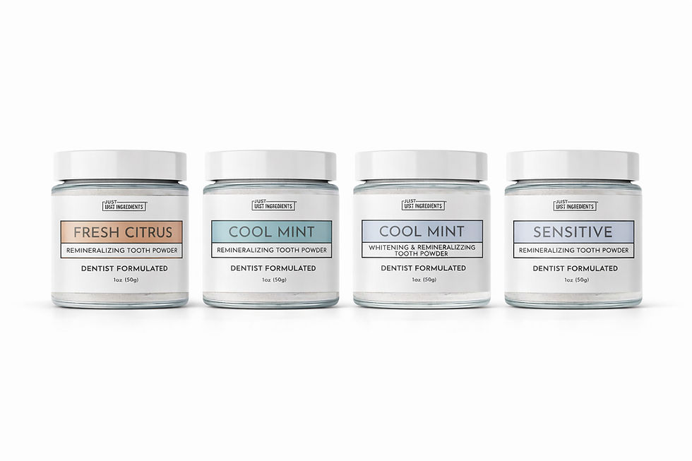 Just Ingredients remineralizing tooth powder jars in Fresh Citrus, Cool Mint, Whitening Cool Mint, and Sensitive