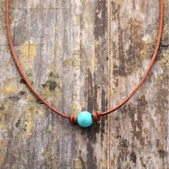 Thumbnail: Natural Stone Turquoise Leather Woven Necklace