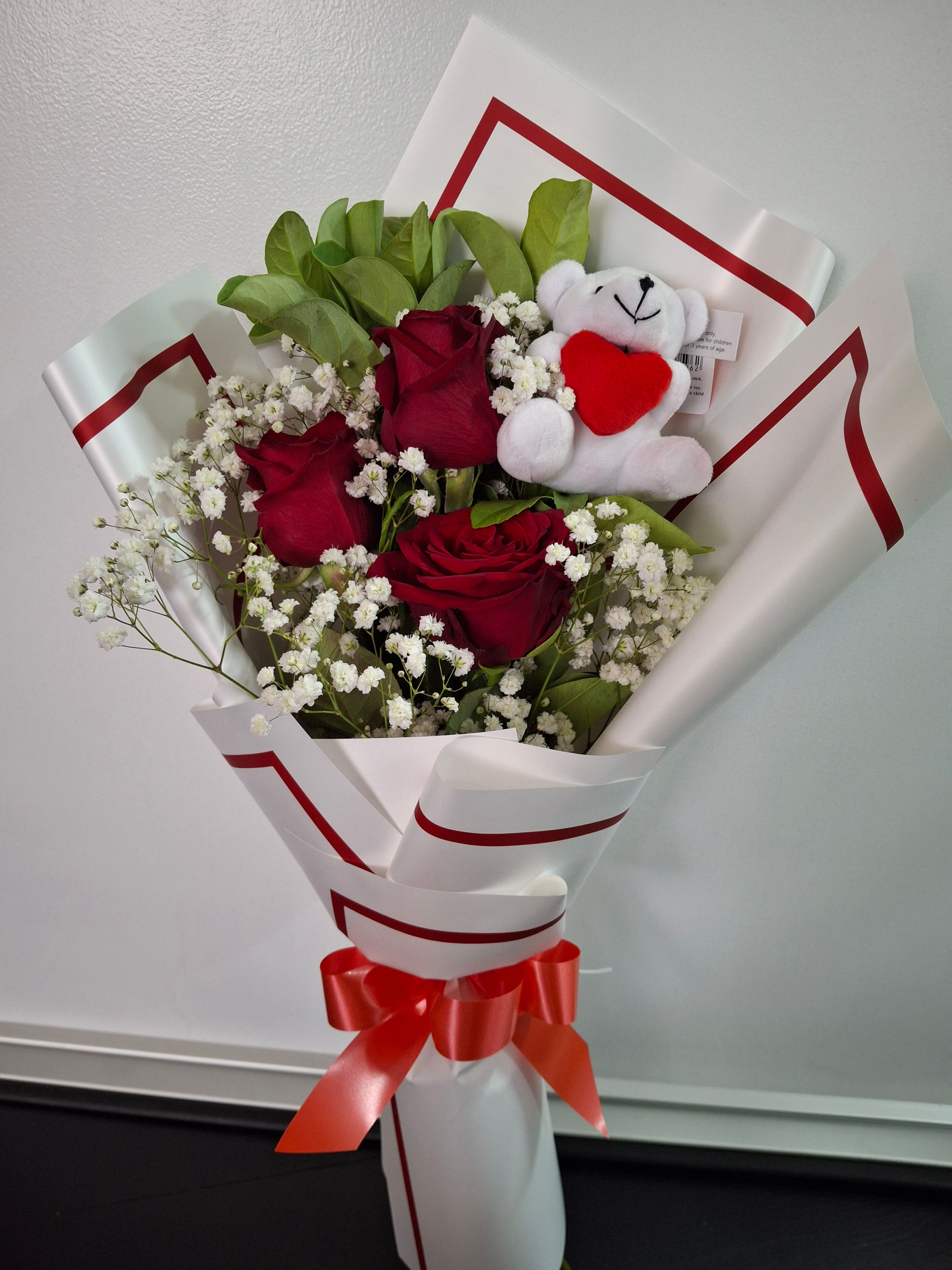 3 Stem Red Roses with Teddy Bear