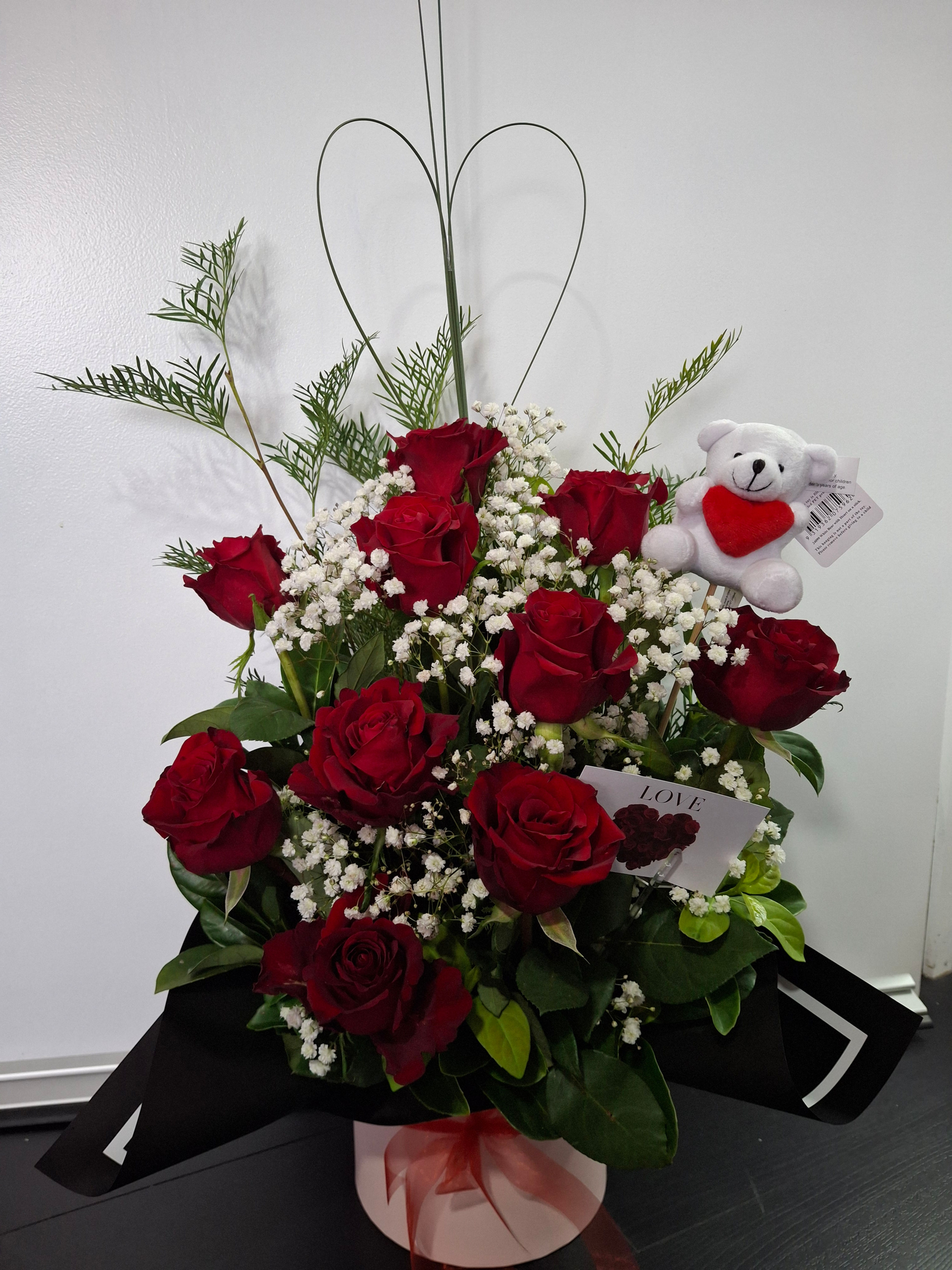 10 Stem Red Roses Hatbox with Teddy