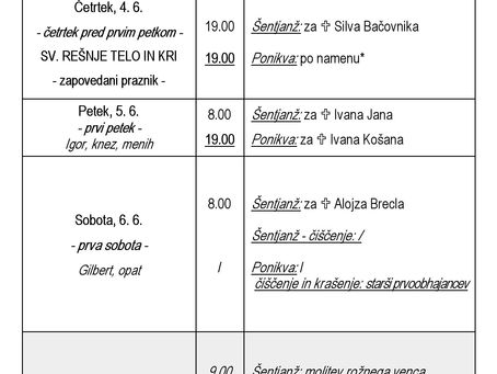 Oznanila od 31. maja do 7. junija 2026 (Šentjanž)