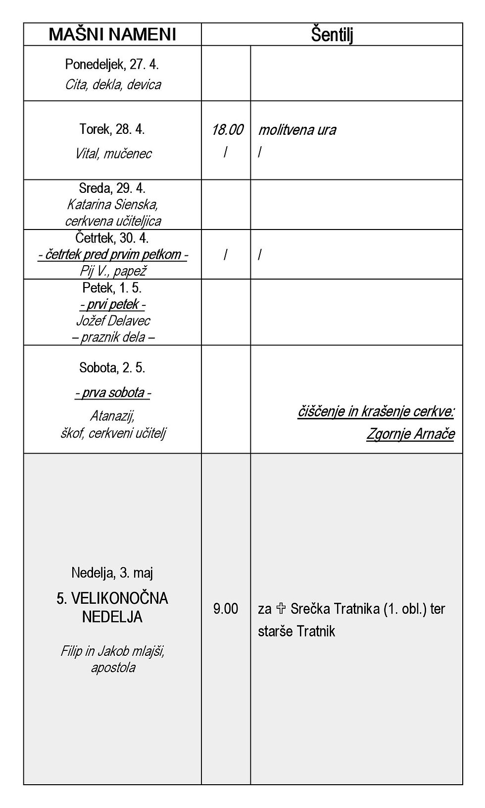 Oznanila od 26. aprila do 3. maja 2026 (Šentilj)