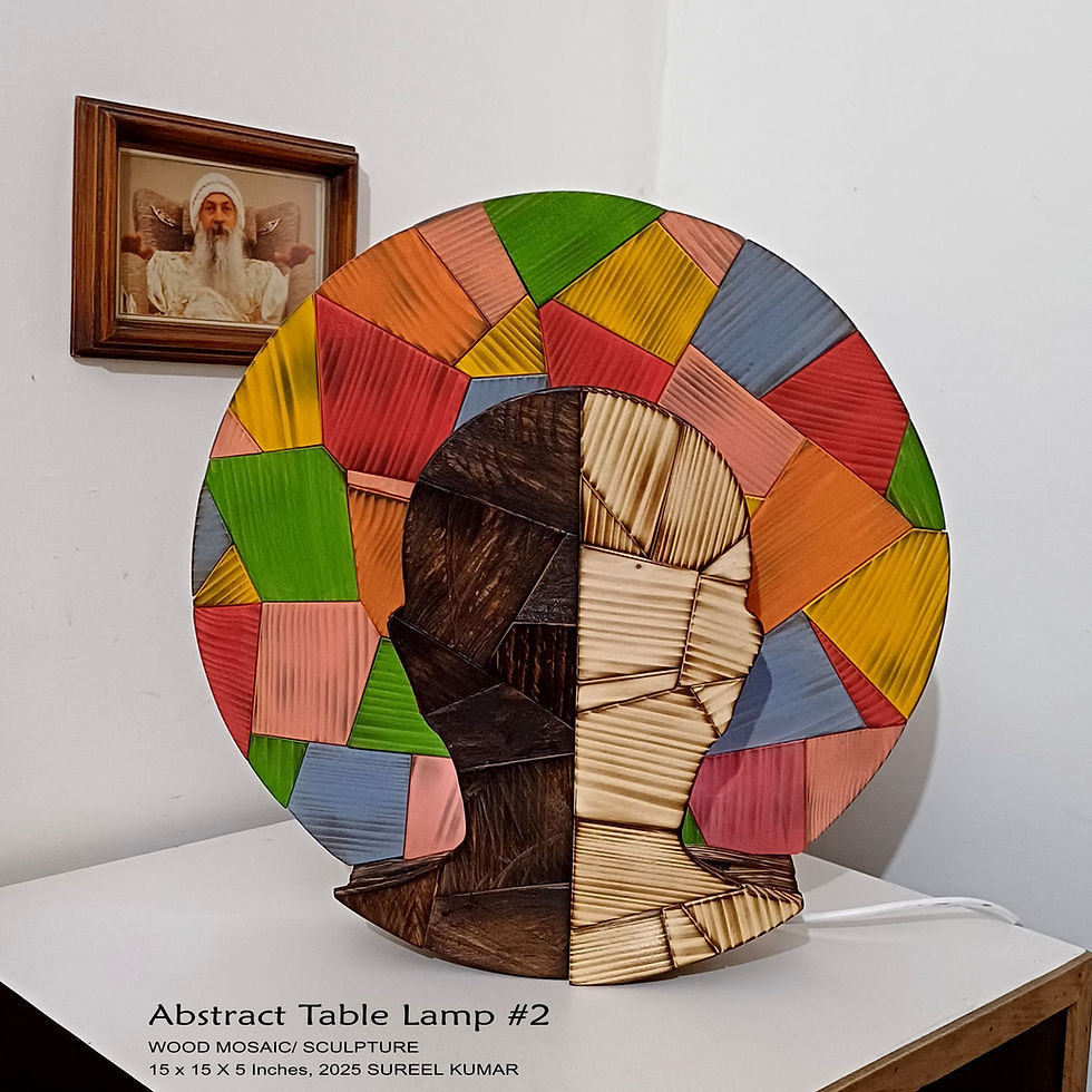 Abstract Table Lamp #2 - Wood Mosaic/ Sculpture, 15 x 15 x 5 IN, 2025 Sureel Kumar - Sureel Art Gallery Gidderbaha, Pb, India and Vienna, Austria
