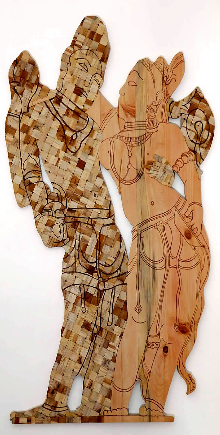 Khajuraho Couple Wood Mosaic/ Etched Wood Mural 54 x 96 Inches 2016 Sureel Kumar - Sureel Art Gallery, Gidderbaha, PB, India and Vienna, Austria