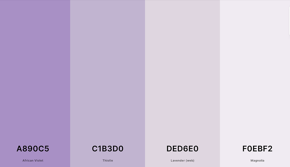 Colour Palette: #A890C5 (Lavender) #C1B3D0 (Periwinkle) #DED6E0 (Lilac) #F0EBF2 (Pale Violet)