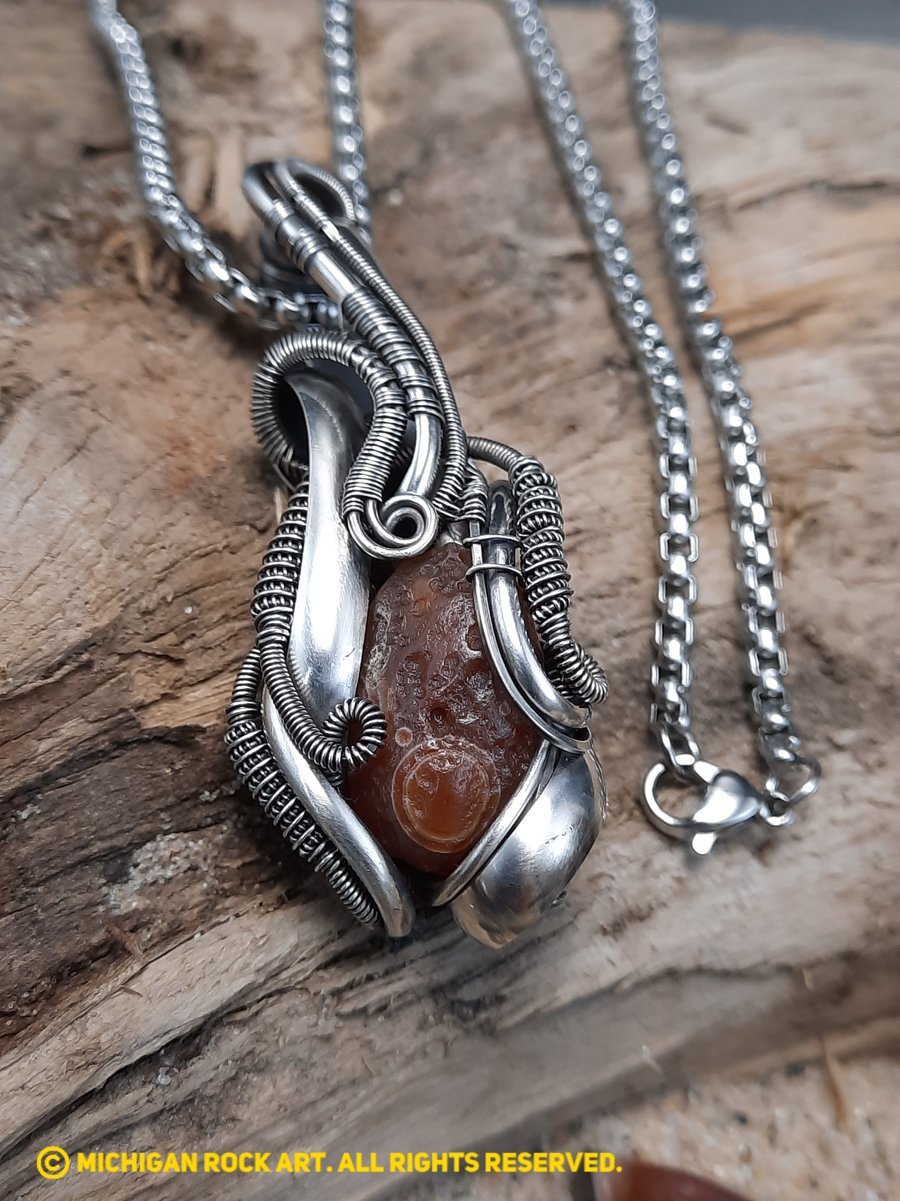 Lake Superior Eye Agate Silver Wire Wrapped Pendant Necklace by Tommy Bartlett