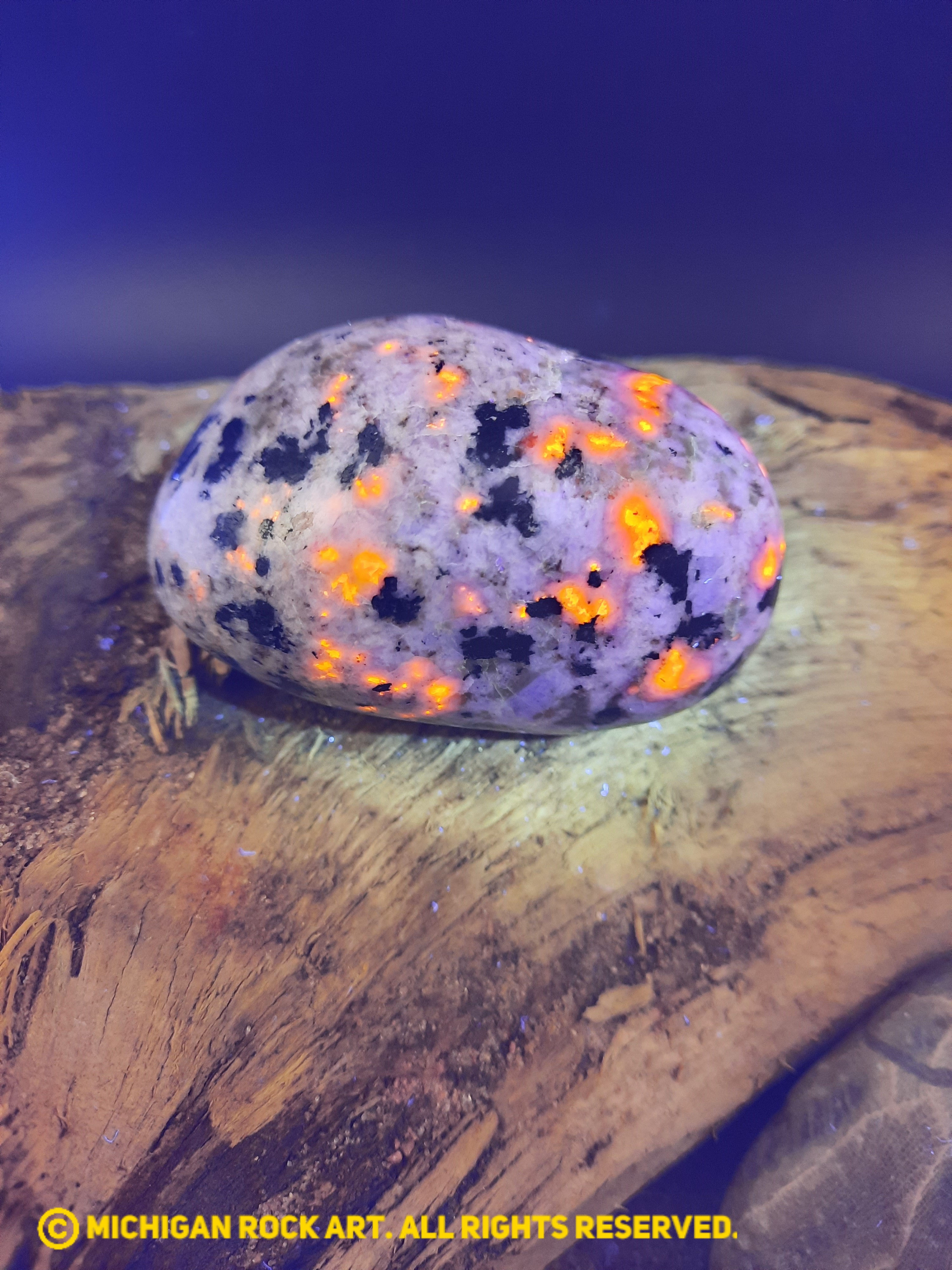 Michigan Polished Sodalite Fluorescent Bearing Syenite Palm Stone
