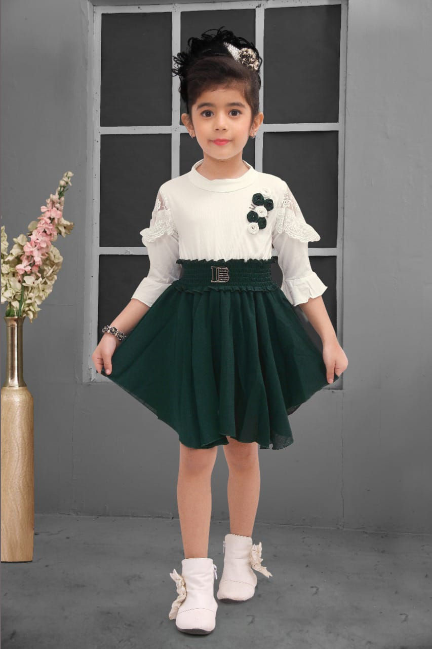 Thumbnail: Bell Sleeves High Neck White Top with Asymmetrical Short Skirt