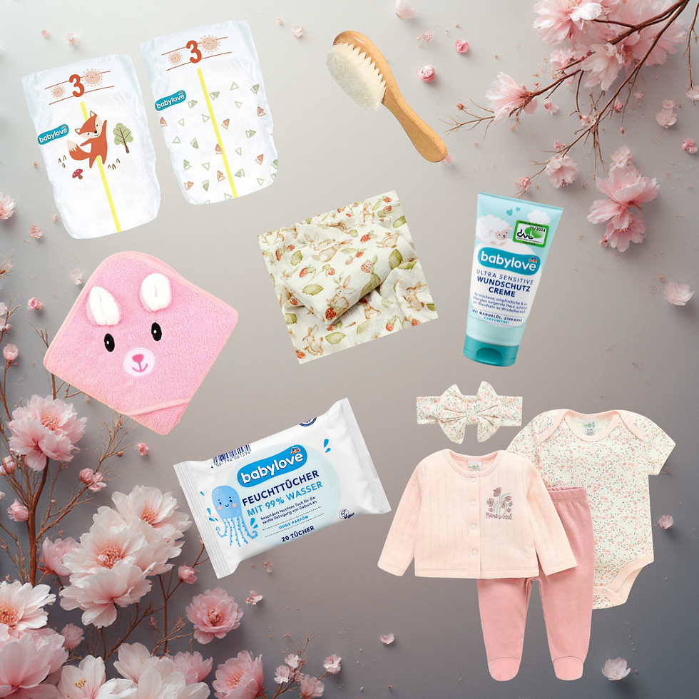 Geschenkkorb für Neugeborene, Ansicht der Produkte