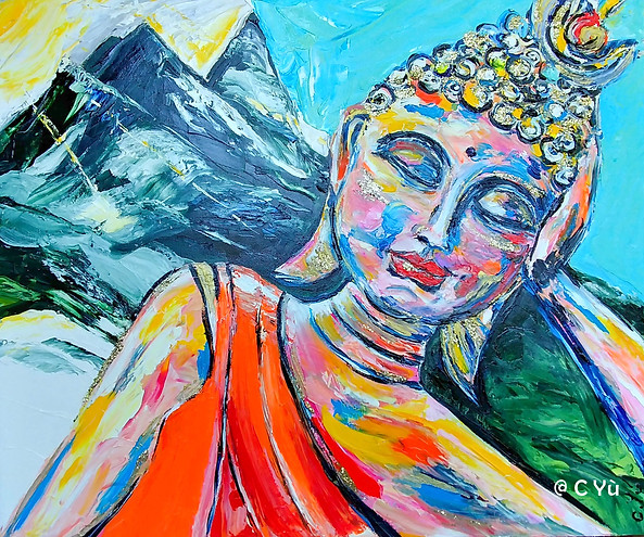 Bouddha montagnes cyu peinture huile originale, déco zen, bordeaux, art cyu