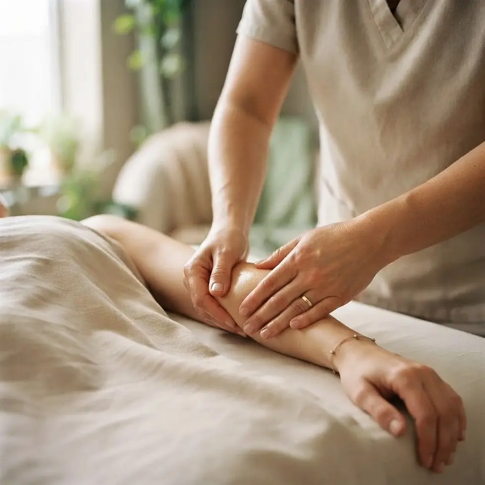 Wellness photography of a massage therapist gently massaging a client's arm. The scene evokes a sense of relaxation and calm with soft, natural lighting.