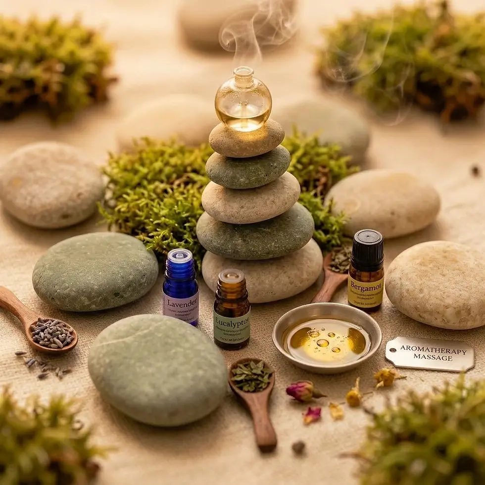 Stylized photography of a serene aromatherapy display featuring stacked stones, essential oils, and a small burner releasing smoke. The scene evokes natural wellness and relaxation.